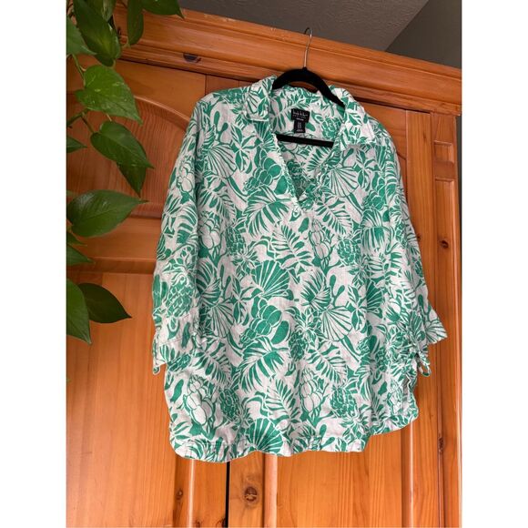 Nicole Miller Tropical 100% Linen Pul Over Top 3/4 slve Tunic Top Blouse SZ 1X - Picture 1 of 9